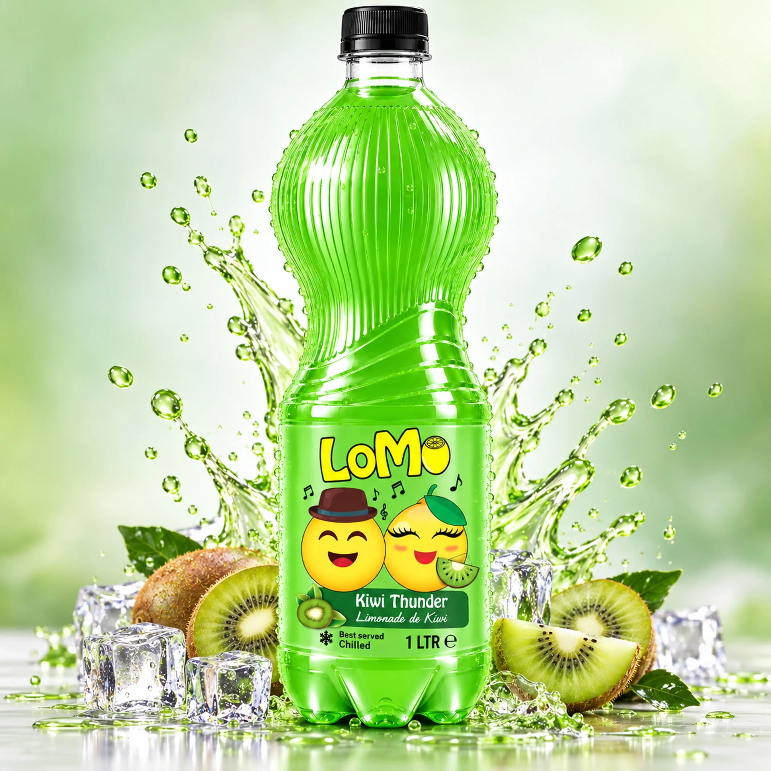 LOMO Kiwi Thunder 1L lemonade bottle with fresh kiwi fruit, ice cubes and green splash.